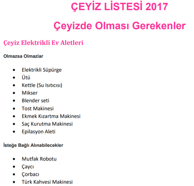 Evlilik Çeyiz Listesi 20172018 En Kapsamlı ve Eksiksiz Tam Liste